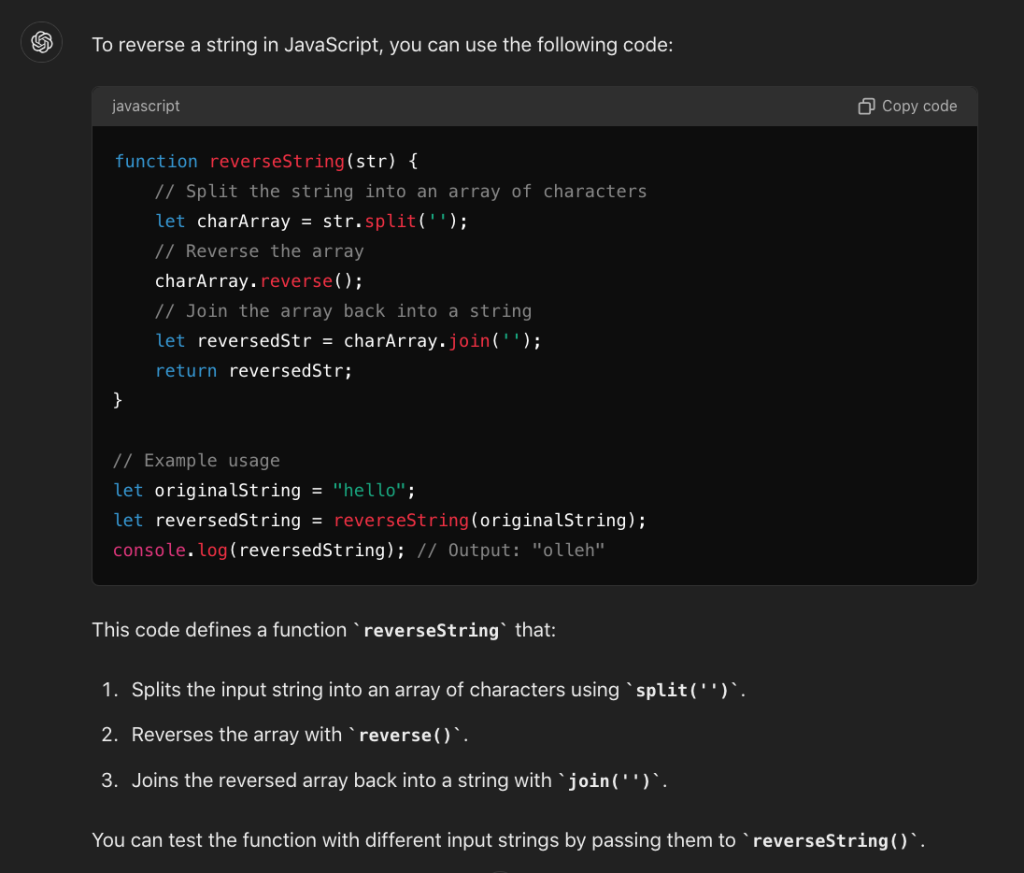 chatgpt writing code to reverse a string in Javascript